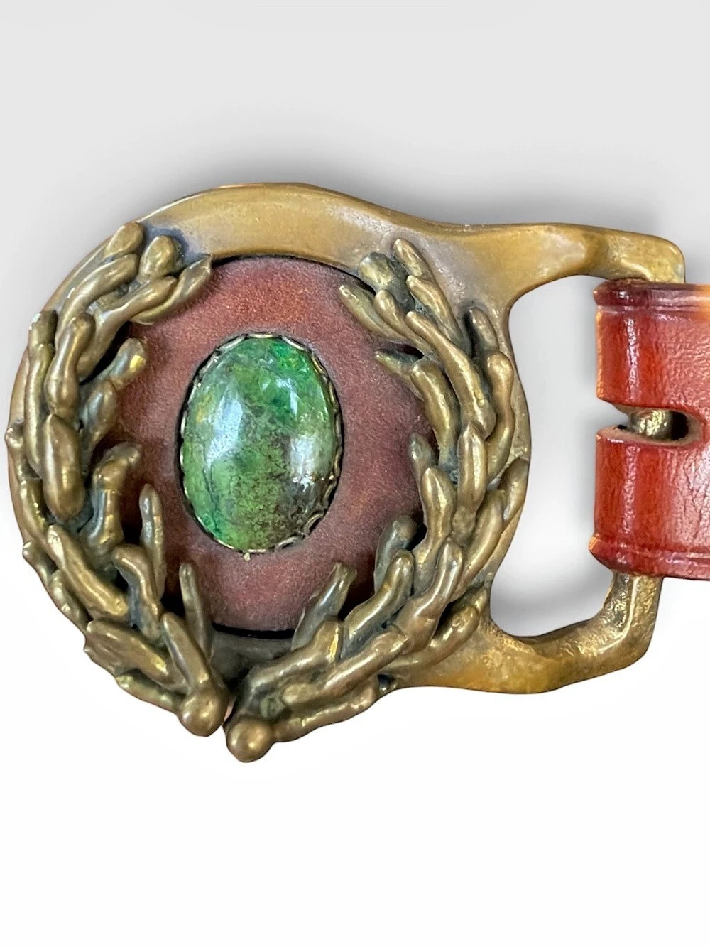 1970’s Brutalist Signed Bass Parrot Wing Stone Buckle with Tooled Leather Belt